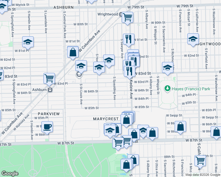 map of restaurants, bars, coffee shops, grocery stores, and more near 3309 West 84th Street in Chicago