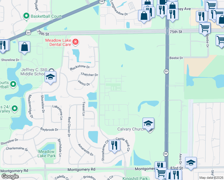 map of restaurants, bars, coffee shops, grocery stores, and more near 4183 Irving Road in Aurora