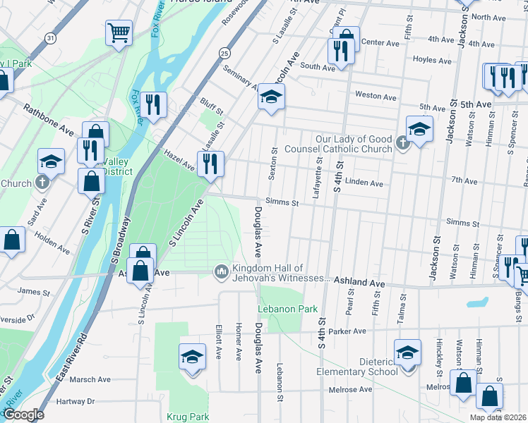 map of restaurants, bars, coffee shops, grocery stores, and more near 824 Douglas Avenue in Aurora