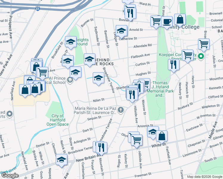 map of restaurants, bars, coffee shops, grocery stores, and more near 200 Sherbrooke Avenue in Hartford