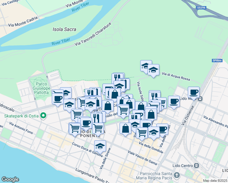 map of restaurants, bars, coffee shops, grocery stores, and more near 47 Piazza Ener Bettica in Lido di Ostia