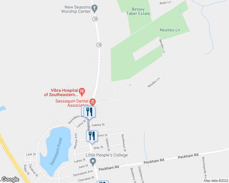 map of restaurants, bars, coffee shops, grocery stores, and more near 7 Hershey Way in Acushnet