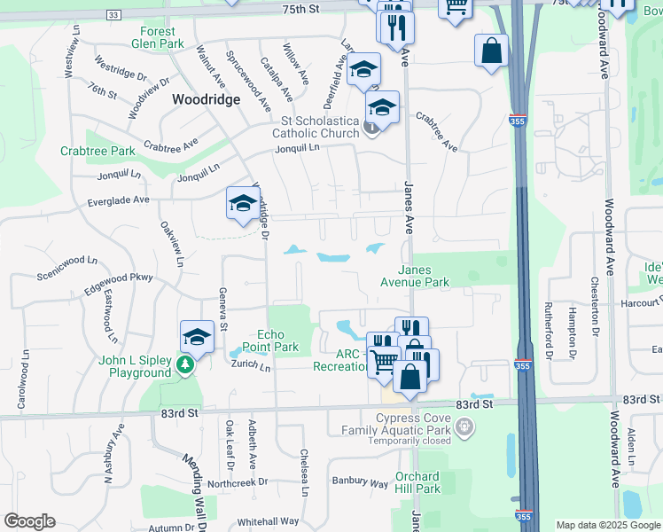 map of restaurants, bars, coffee shops, grocery stores, and more near 2472 Emerald Court in Woodridge