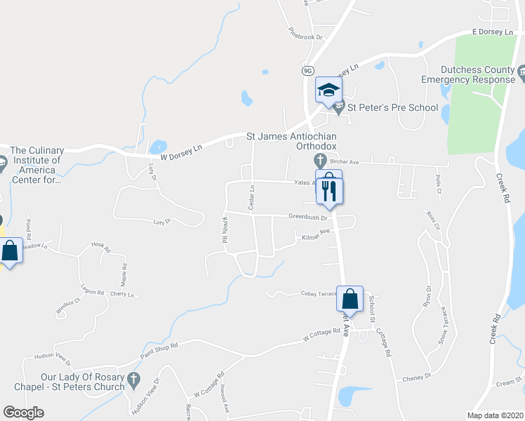 map of restaurants, bars, coffee shops, grocery stores, and more near 29 Greenbush Drive in Poughkeepsie