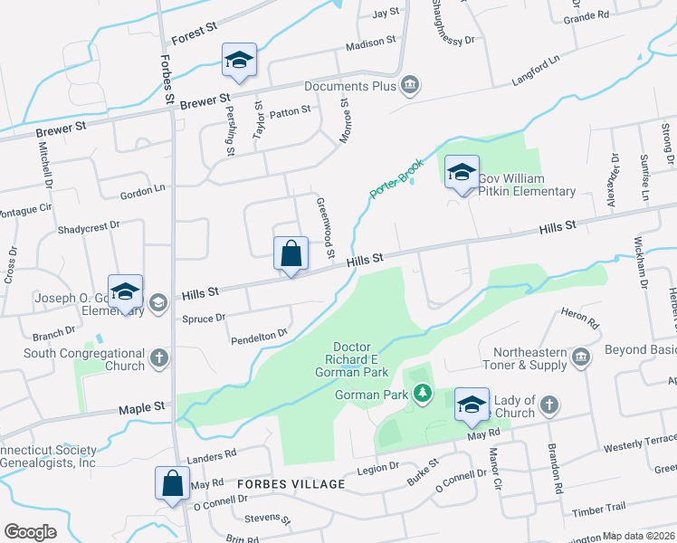 map of restaurants, bars, coffee shops, grocery stores, and more near 171 Hills Street in East Hartford