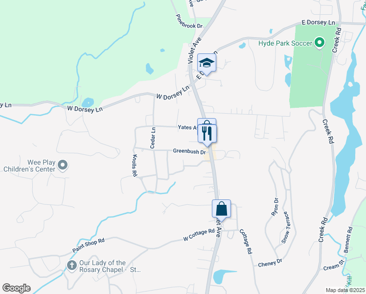 map of restaurants, bars, coffee shops, grocery stores, and more near 17 Greenbush Drive in Poughkeepsie