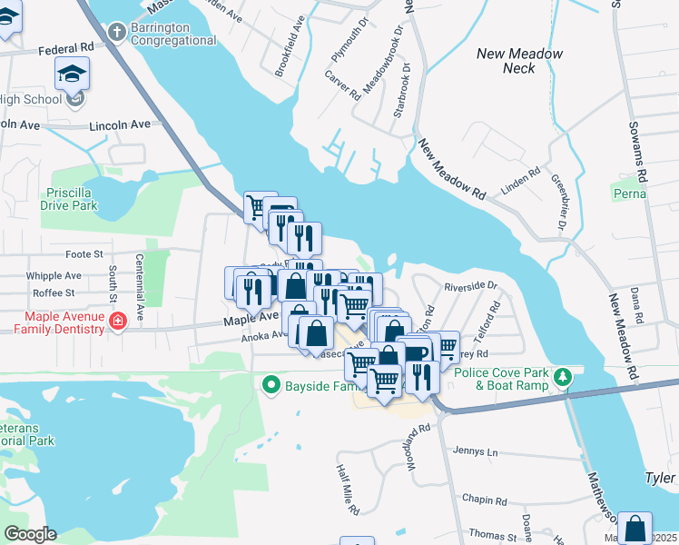 map of restaurants, bars, coffee shops, grocery stores, and more near 283 County Road in Barrington
