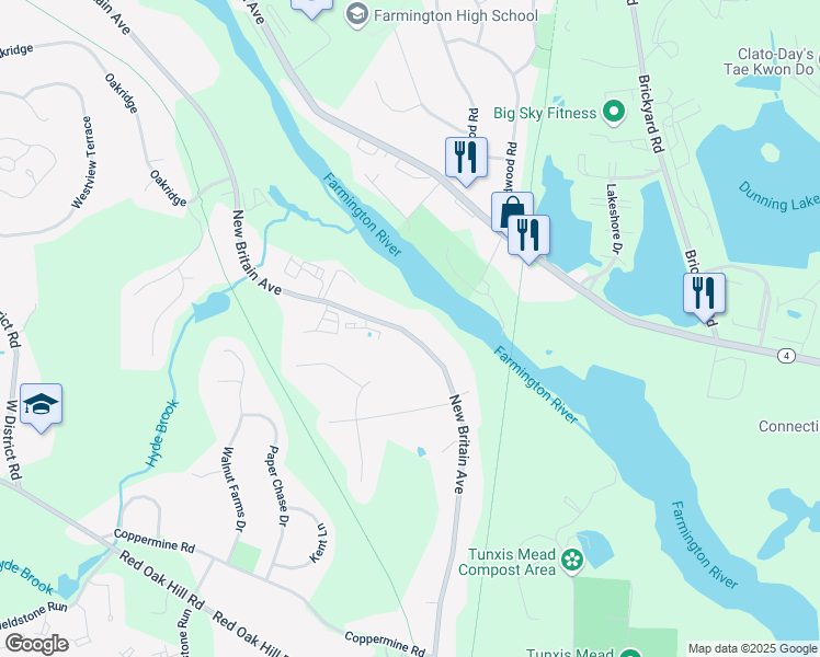 map of restaurants, bars, coffee shops, grocery stores, and more near 735 New Britain Avenue in Farmington