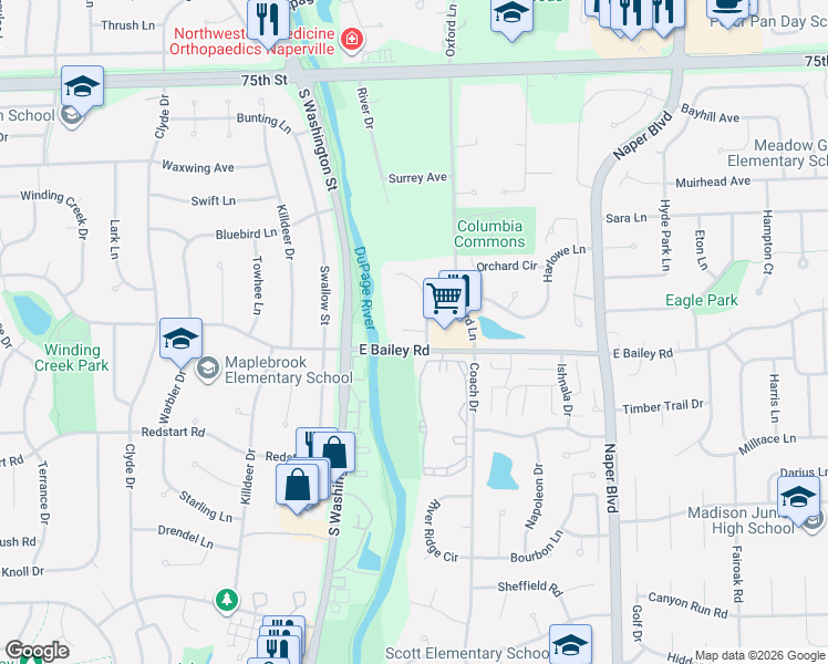 map of restaurants, bars, coffee shops, grocery stores, and more near Pier Court in Naperville