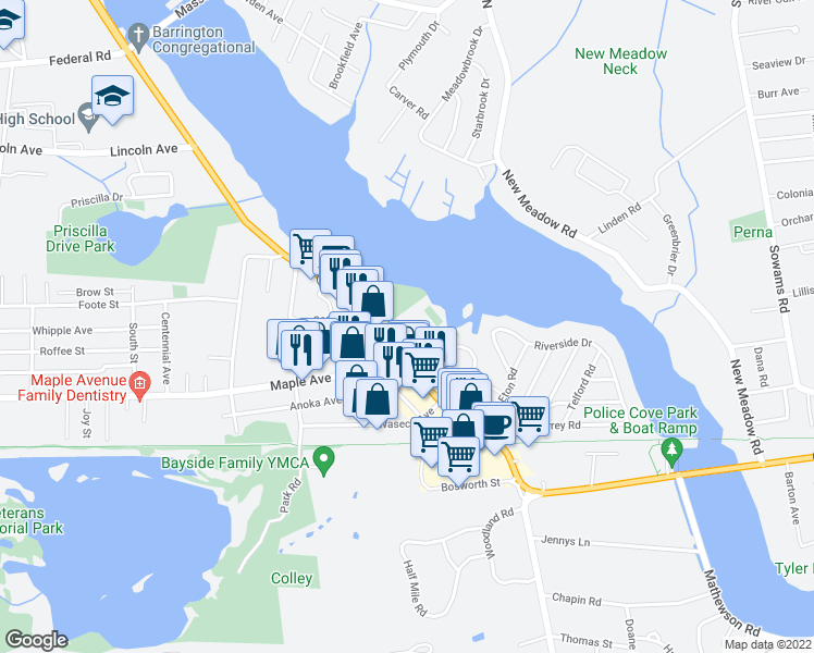map of restaurants, bars, coffee shops, grocery stores, and more near 283 County Road in Barrington