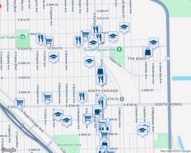 map of restaurants, bars, coffee shops, grocery stores, and more near S Exchange Ave & E 85th St in Chicago