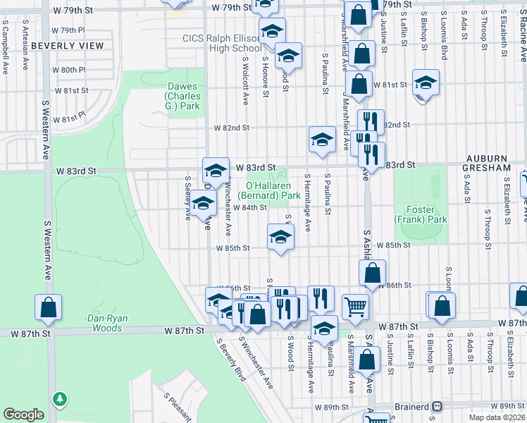 map of restaurants, bars, coffee shops, grocery stores, and more near 8421 South Honore Street in Chicago