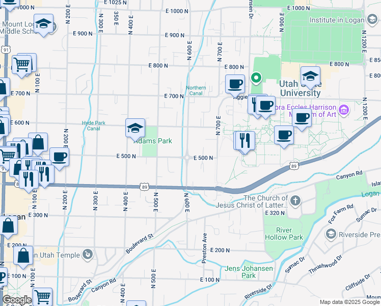 map of restaurants, bars, coffee shops, grocery stores, and more near 604 East 500 North in Logan
