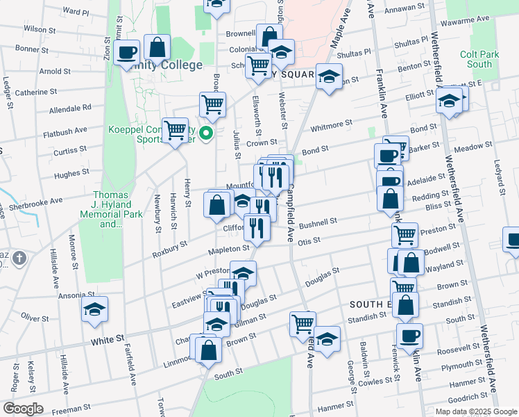 map of restaurants, bars, coffee shops, grocery stores, and more near 722 Maple Avenue in Hartford