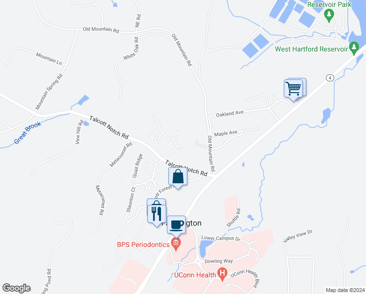 map of restaurants, bars, coffee shops, grocery stores, and more near 3 Talcott Glen Road in Farmington