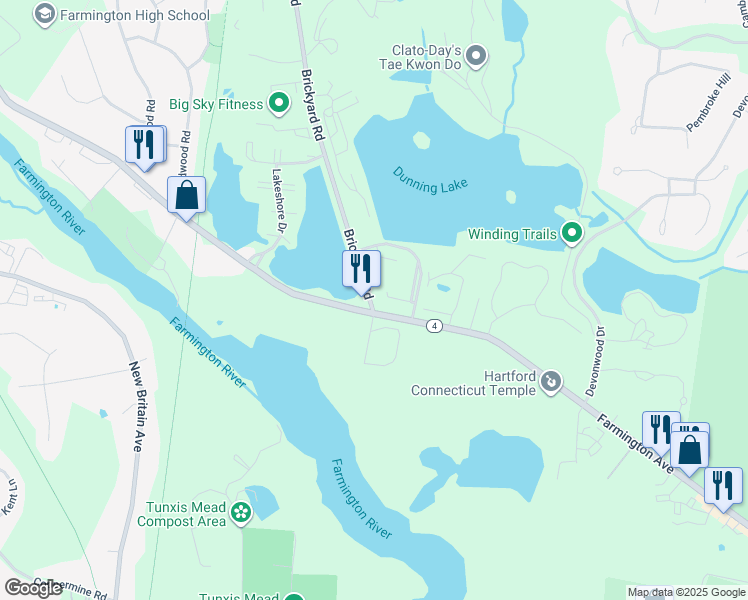 map of restaurants, bars, coffee shops, grocery stores, and more near 5 Bridgewater Road in Farmington