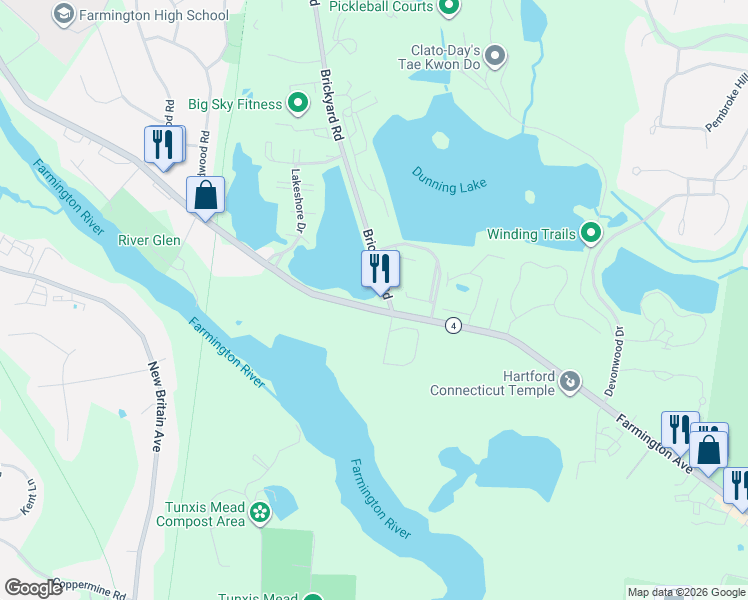 map of restaurants, bars, coffee shops, grocery stores, and more near 5 Bridgewater Road in Farmington