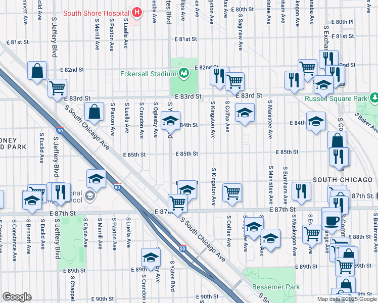 map of restaurants, bars, coffee shops, grocery stores, and more near 8510 South Essex Avenue in Chicago