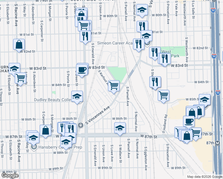 map of restaurants, bars, coffee shops, grocery stores, and more near 8500 South Vincennes Avenue in Chicago