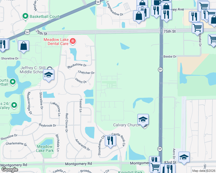 map of restaurants, bars, coffee shops, grocery stores, and more near 4183 Irving Road in Aurora