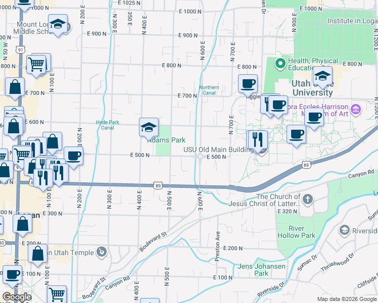 map of restaurants, bars, coffee shops, grocery stores, and more near 552 East 500 North in Logan