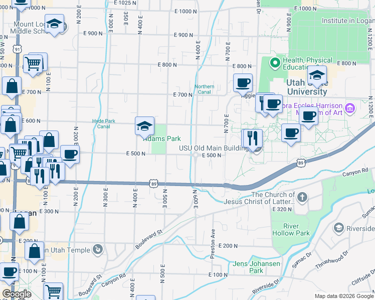 map of restaurants, bars, coffee shops, grocery stores, and more near 552 East 500 North in Logan