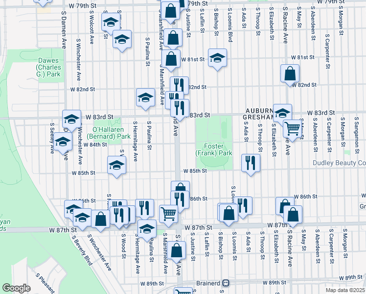 map of restaurants, bars, coffee shops, grocery stores, and more near 8401 South Ashland Avenue in Chicago