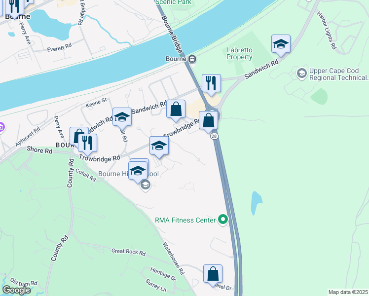 map of restaurants, bars, coffee shops, grocery stores, and more near 8 Sandy Lane in Bourne