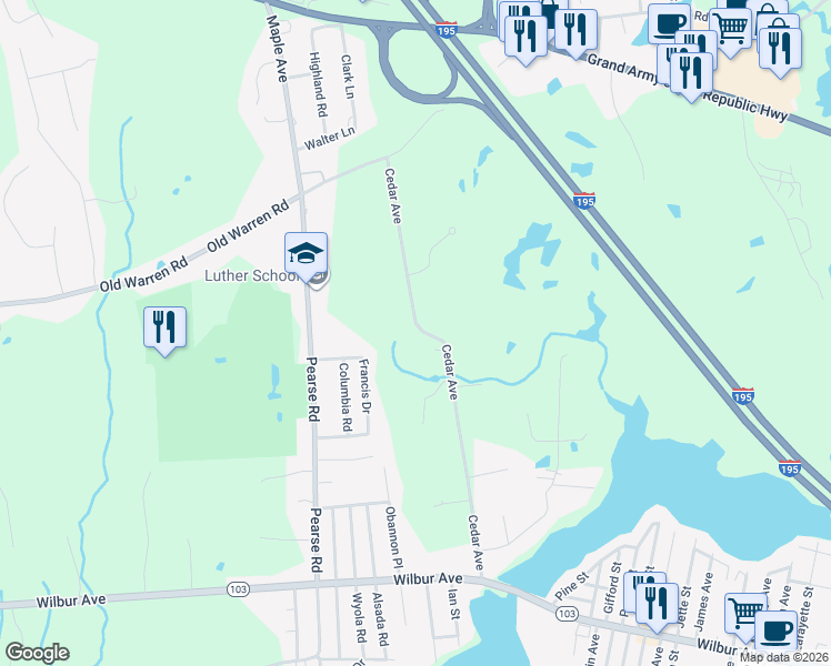 map of restaurants, bars, coffee shops, grocery stores, and more near 181 Cedar Avenue in Swansea