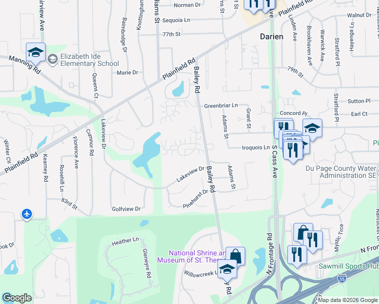 map of restaurants, bars, coffee shops, grocery stores, and more near 1510 Lakeview Drive in Darien