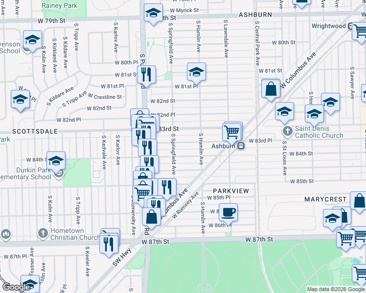 map of restaurants, bars, coffee shops, grocery stores, and more near 3839 West 83rd Place in Chicago