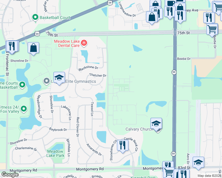 map of restaurants, bars, coffee shops, grocery stores, and more near 4106 Calder Lane in Aurora
