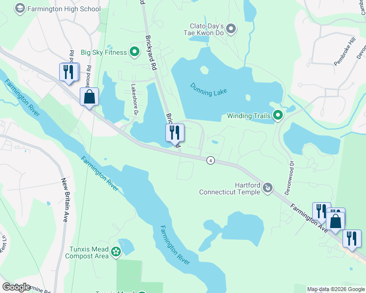 map of restaurants, bars, coffee shops, grocery stores, and more near 7 Bridgewater Road in Farmington