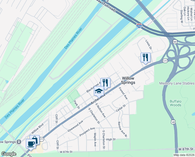 map of restaurants, bars, coffee shops, grocery stores, and more near 207 Hill Street in Willow Springs