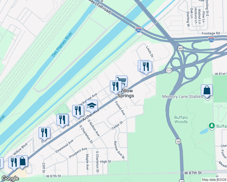 map of restaurants, bars, coffee shops, grocery stores, and more near 8260 Archer Avenue in Willow Springs