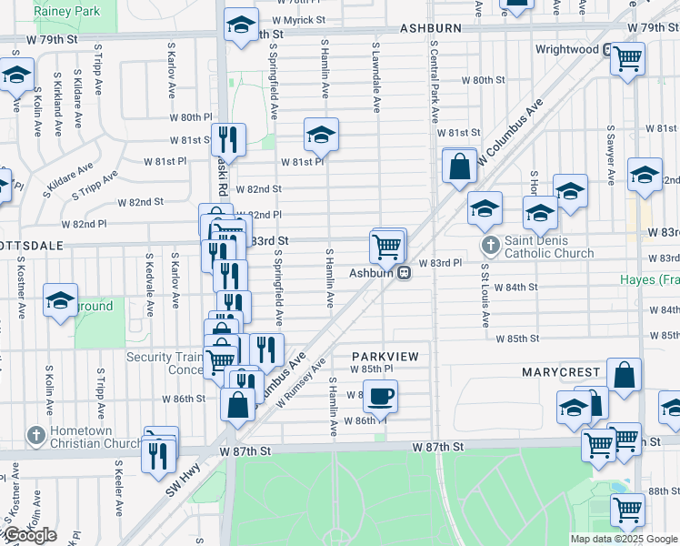 map of restaurants, bars, coffee shops, grocery stores, and more near 3808 West 84th Street in Chicago