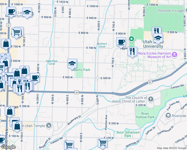 map of restaurants, bars, coffee shops, grocery stores, and more near 552 East 500 North in Logan