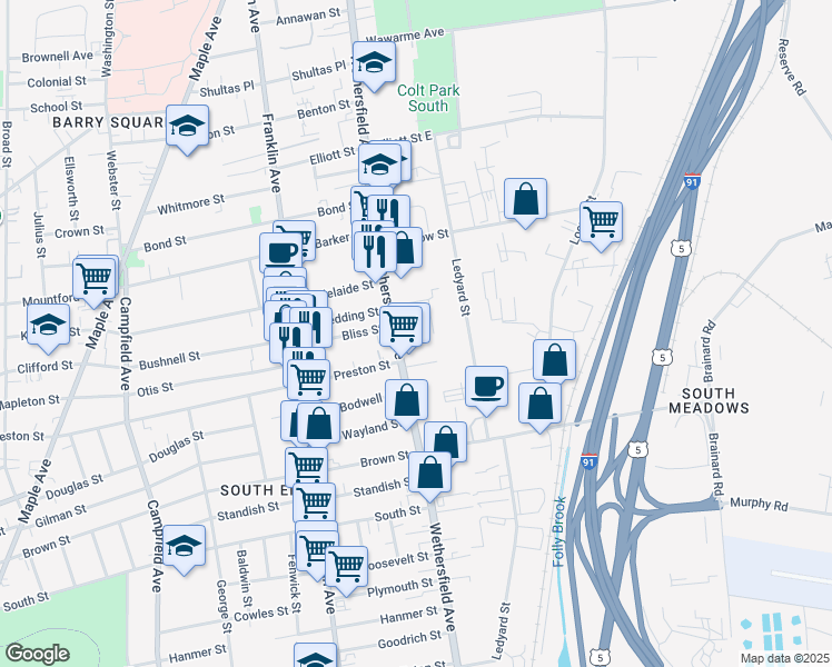 map of restaurants, bars, coffee shops, grocery stores, and more near in Hartford