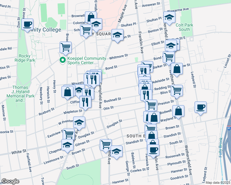 map of restaurants, bars, coffee shops, grocery stores, and more near 108 Bushnell Street in Hartford
