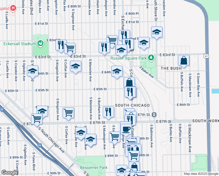 map of restaurants, bars, coffee shops, grocery stores, and more near 8513 South Muskegon Avenue in Chicago