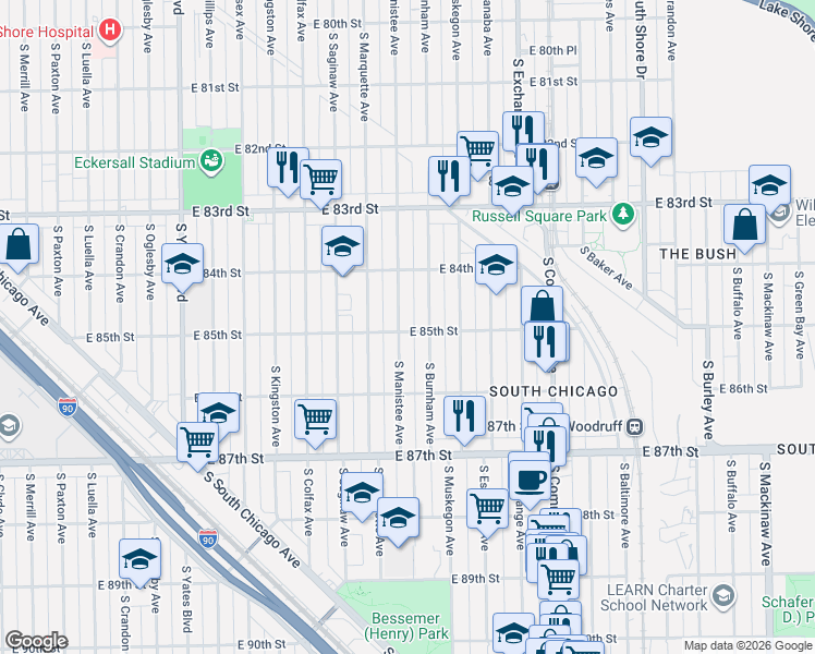 map of restaurants, bars, coffee shops, grocery stores, and more near 8512 South Burnham Avenue in Chicago