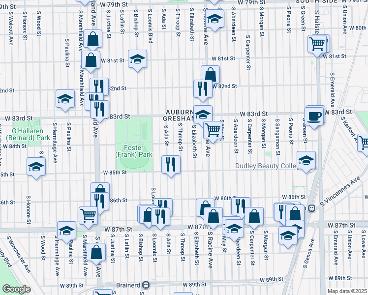 map of restaurants, bars, coffee shops, grocery stores, and more near 8427 South Throop Street in Chicago