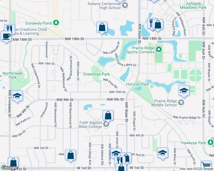 map of restaurants, bars, coffee shops, grocery stores, and more near 1714 Northwest 10th Street in Ankeny