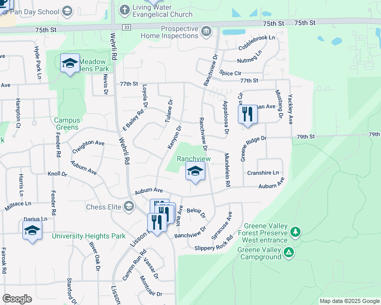 map of restaurants, bars, coffee shops, grocery stores, and more near 1749 Ranchview Drive in Naperville