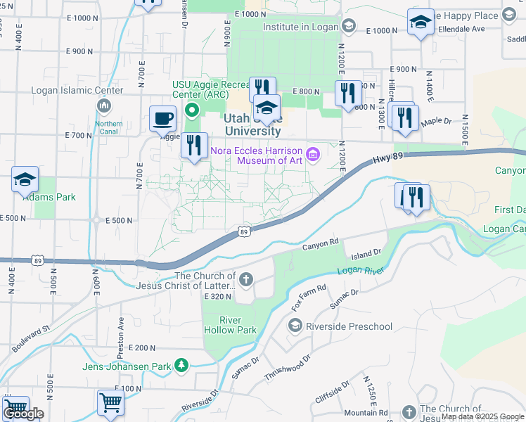 map of restaurants, bars, coffee shops, grocery stores, and more near 3500 Old Main Hill in Logan
