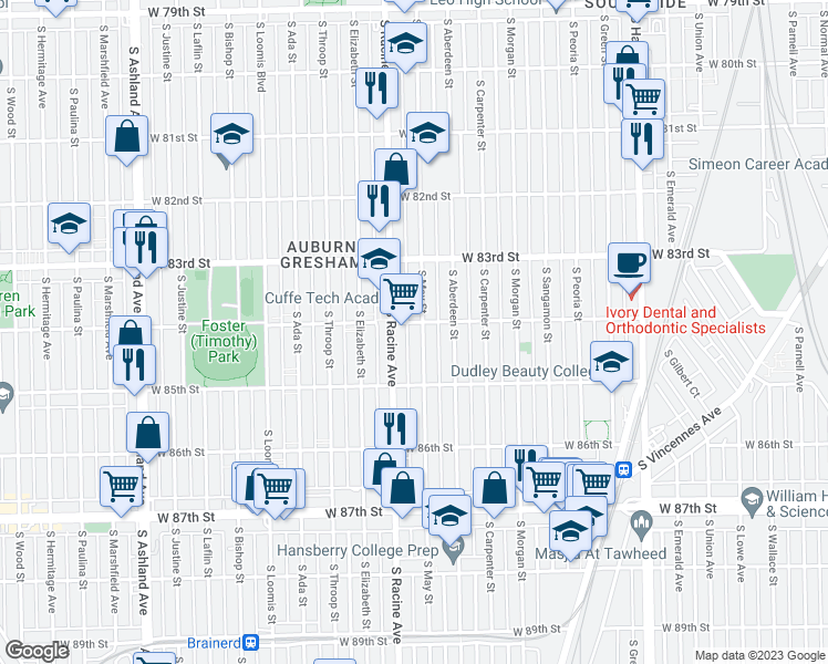 map of restaurants, bars, coffee shops, grocery stores, and more near 8408 South May Street in Chicago