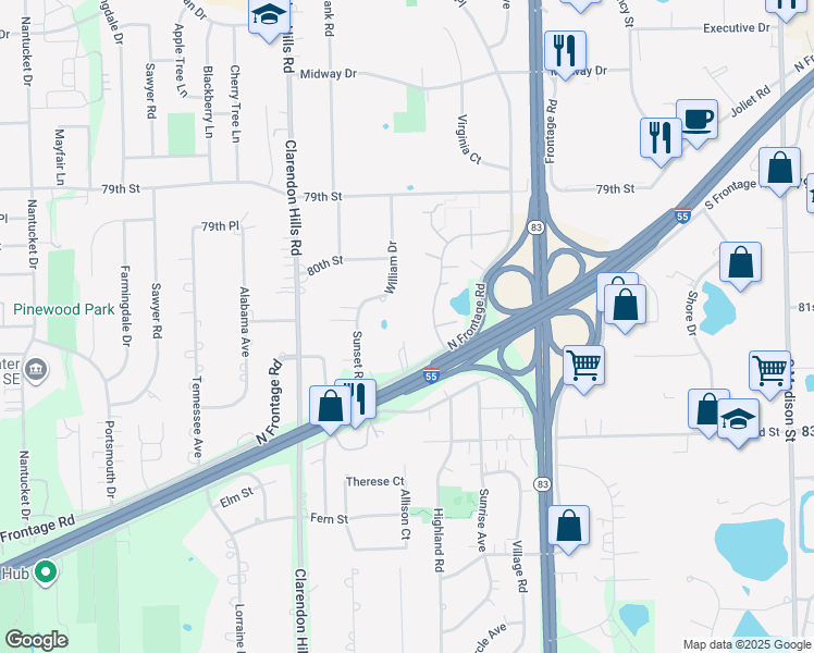 map of restaurants, bars, coffee shops, grocery stores, and more near 9S249 Clarenbrook Court in Willowbrook
