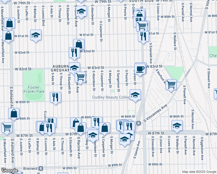 map of restaurants, bars, coffee shops, grocery stores, and more near 8408 South Morgan Street in Chicago