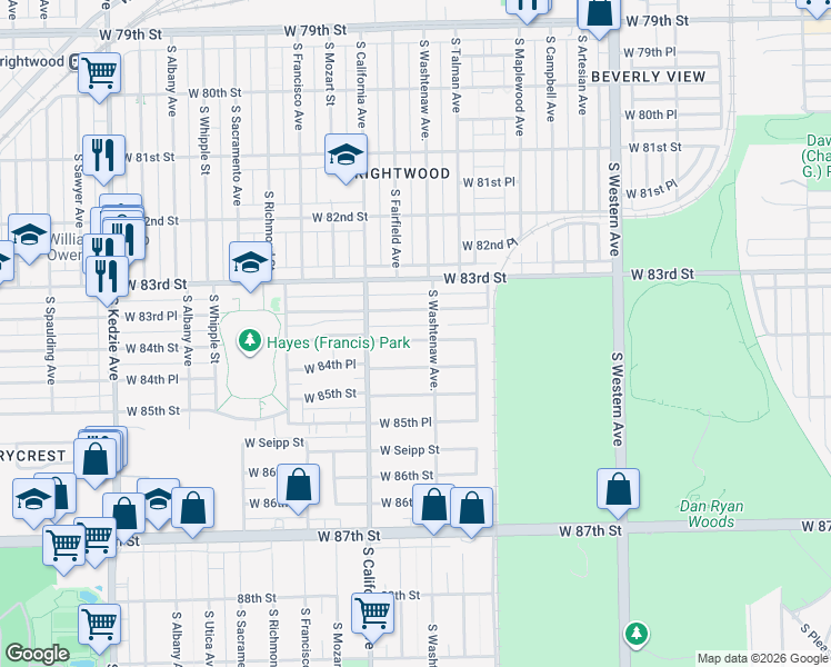 map of restaurants, bars, coffee shops, grocery stores, and more near 2716 West 84th Street in Chicago