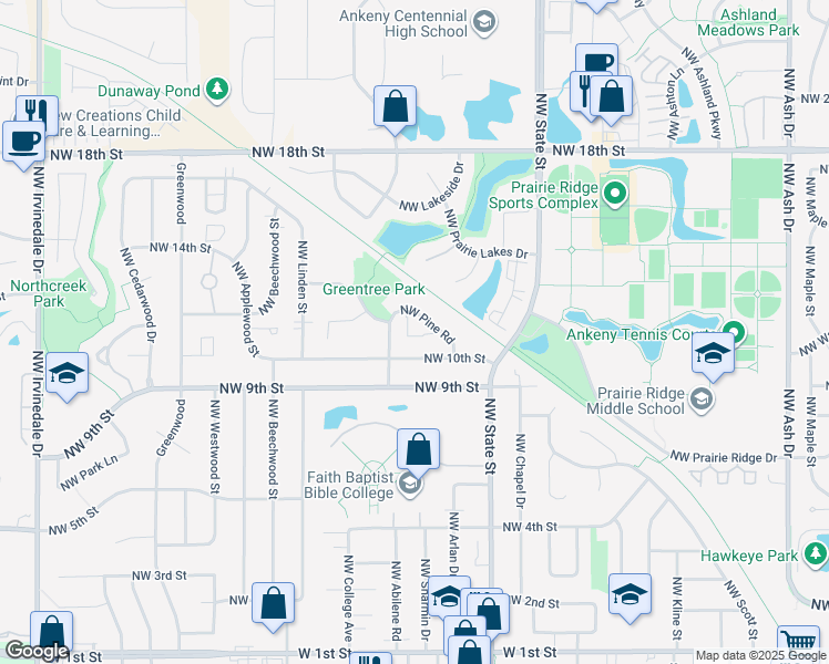 map of restaurants, bars, coffee shops, grocery stores, and more near 1713 Northwest Pine Road in Ankeny